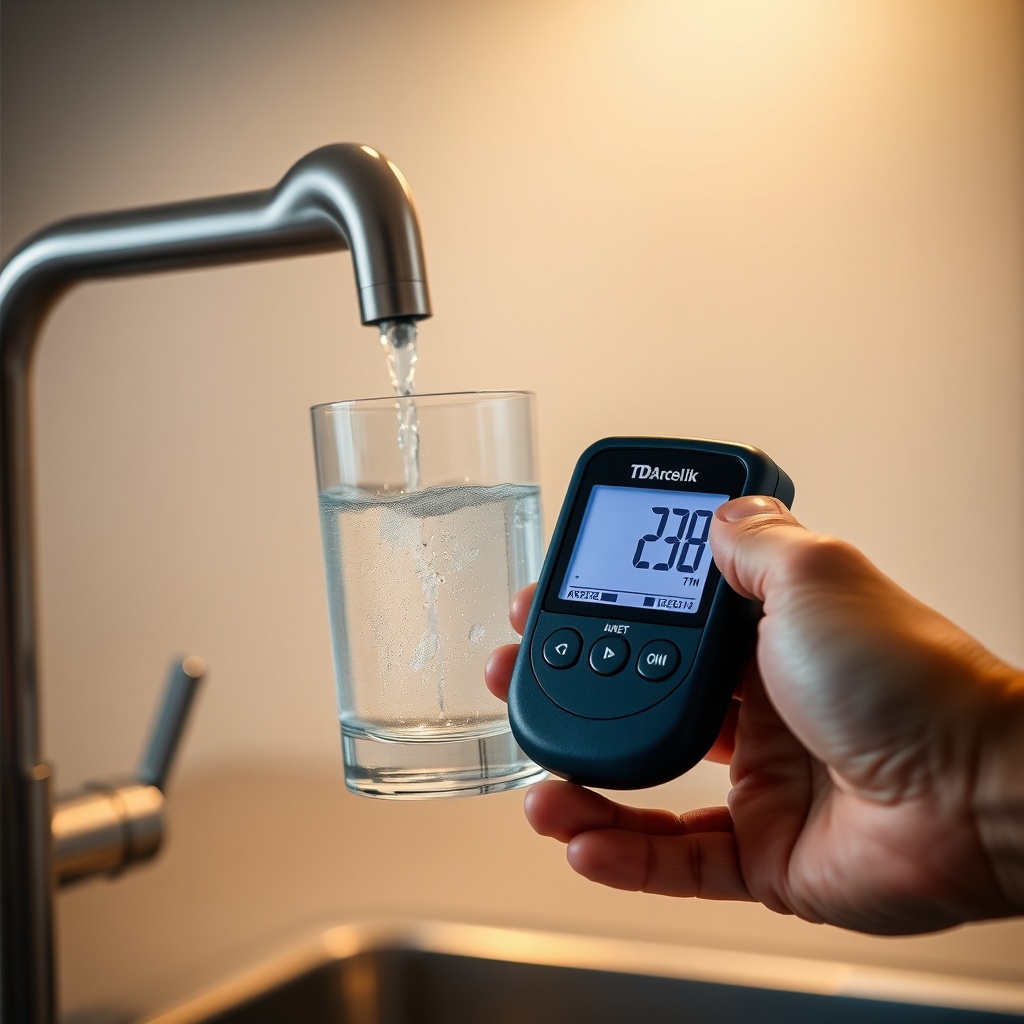 A close-up of a hand holding a TDS meter testing a glass of clear water from an Arçelik 31