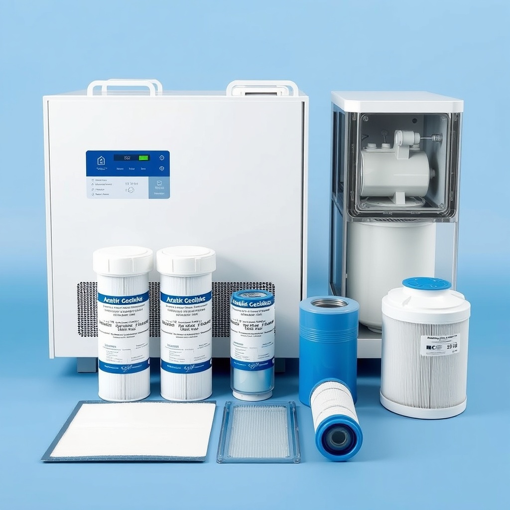 <clean photorealistic photo of an Arçelik 3140 S unit with its filter set laid out in fron