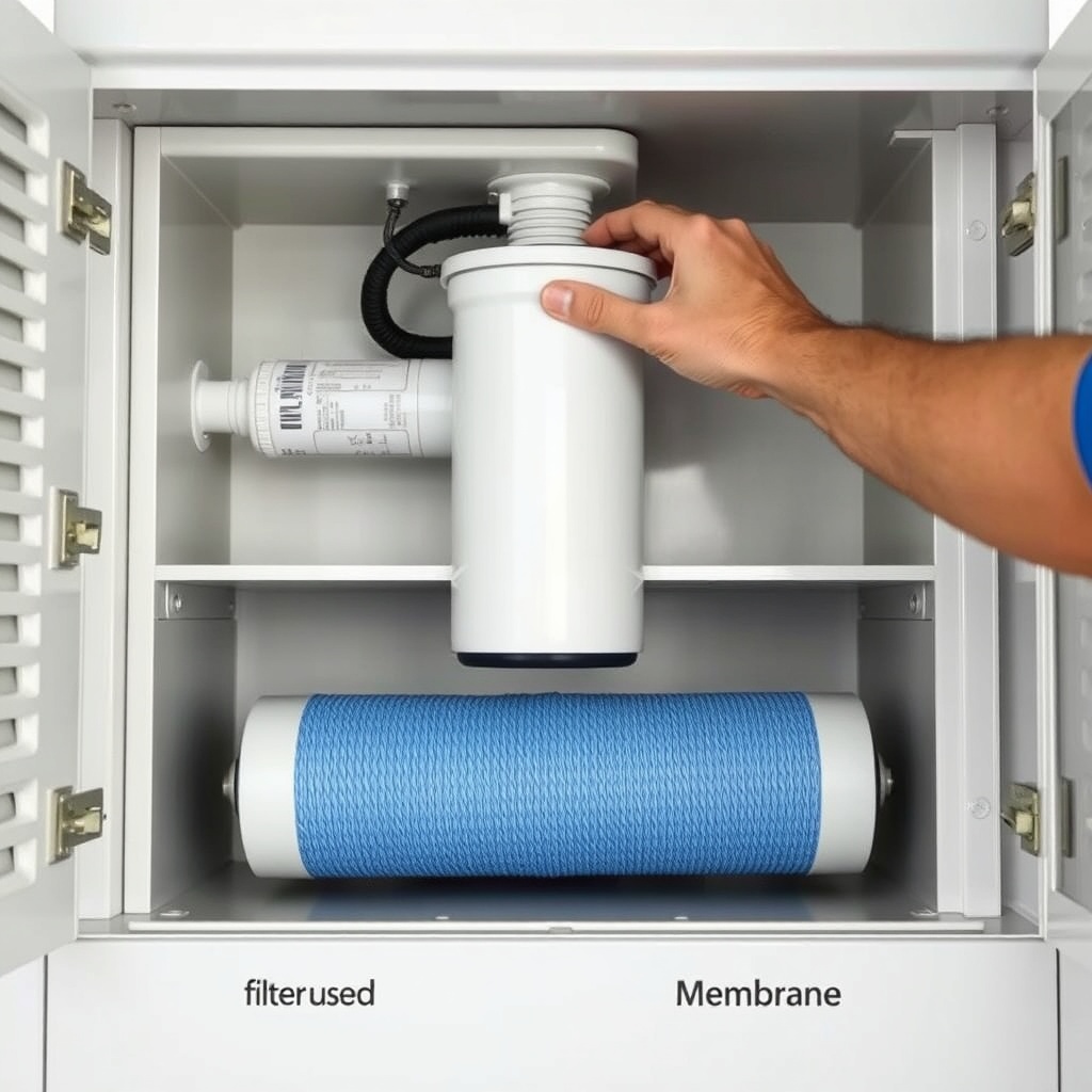 <clean photorealistic photo of a person replacing a filter in an Arçelik 3140 S unit