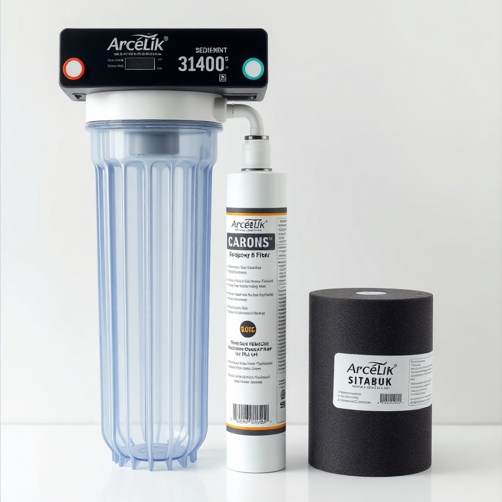 clean photorealistic photo of a water filter system with Arçelik 3140 S