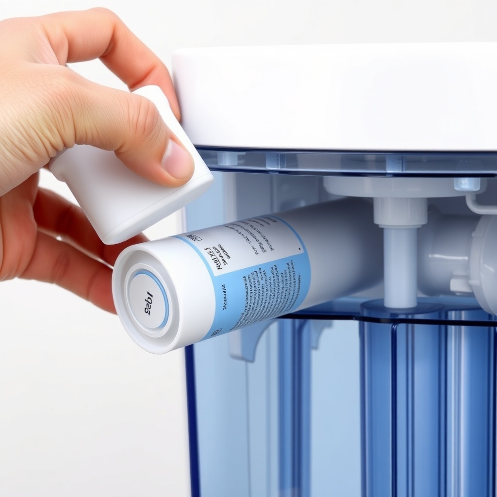 clean photorealistic photo of a hand replacing a filter cartridge in a water purifier