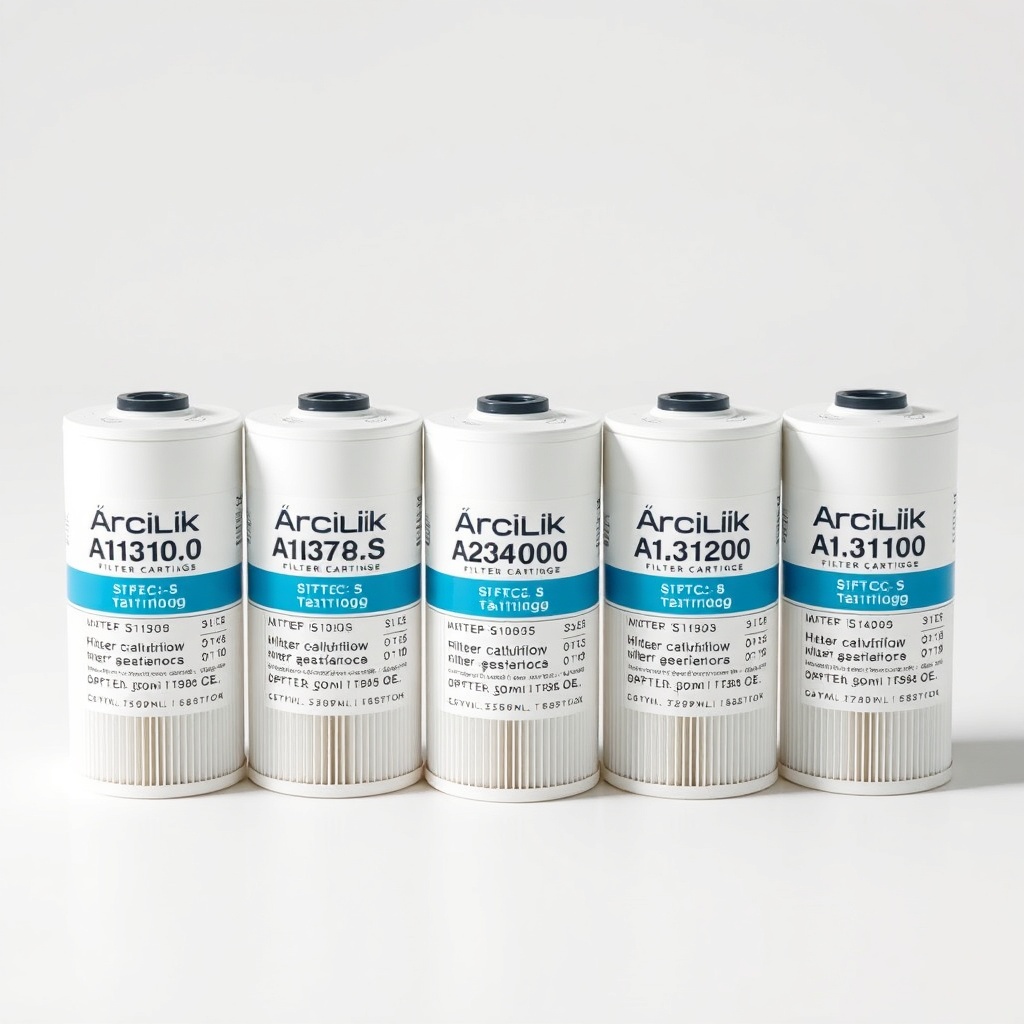 <photorealistic photo of five Arçelik 3140 S filter cartridges lined up in order on a clea