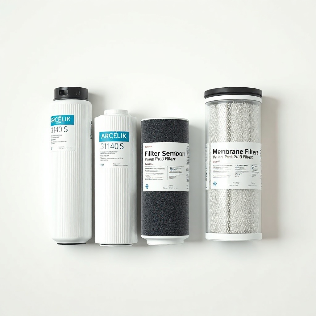 Clean photorealistic photo of Arçelik 3140 S filter set laid out on a white surface