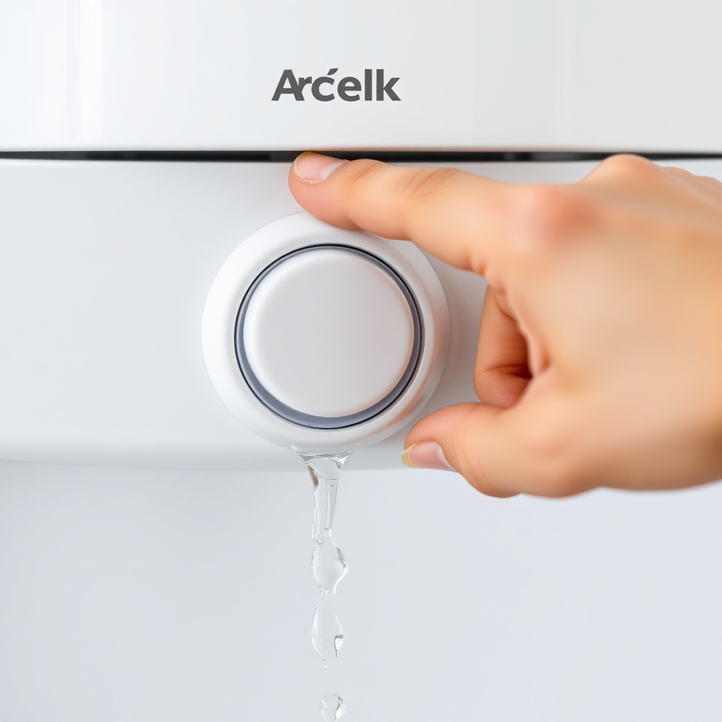 Clean photorealistic photo of a hand pressing the filter replacement button on an Arçelik