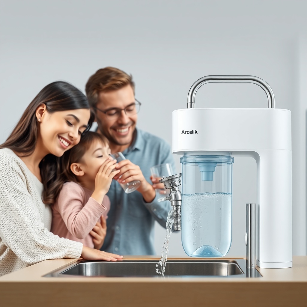 <clean photorealistic photo/illustration of a happy family drinking water from an Arçelik
