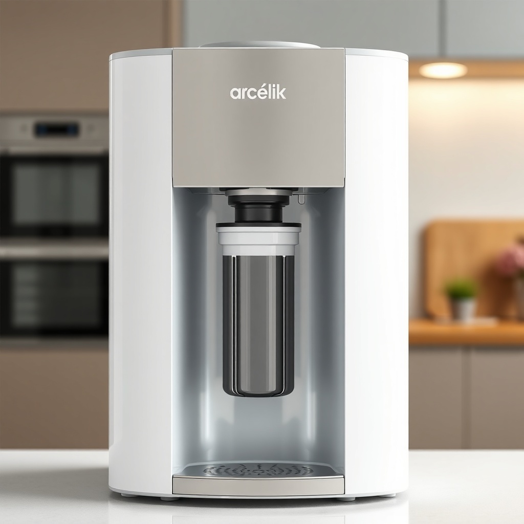 Photorealistic close-up of an Arçelik 3140 S water purifier with the front panel open