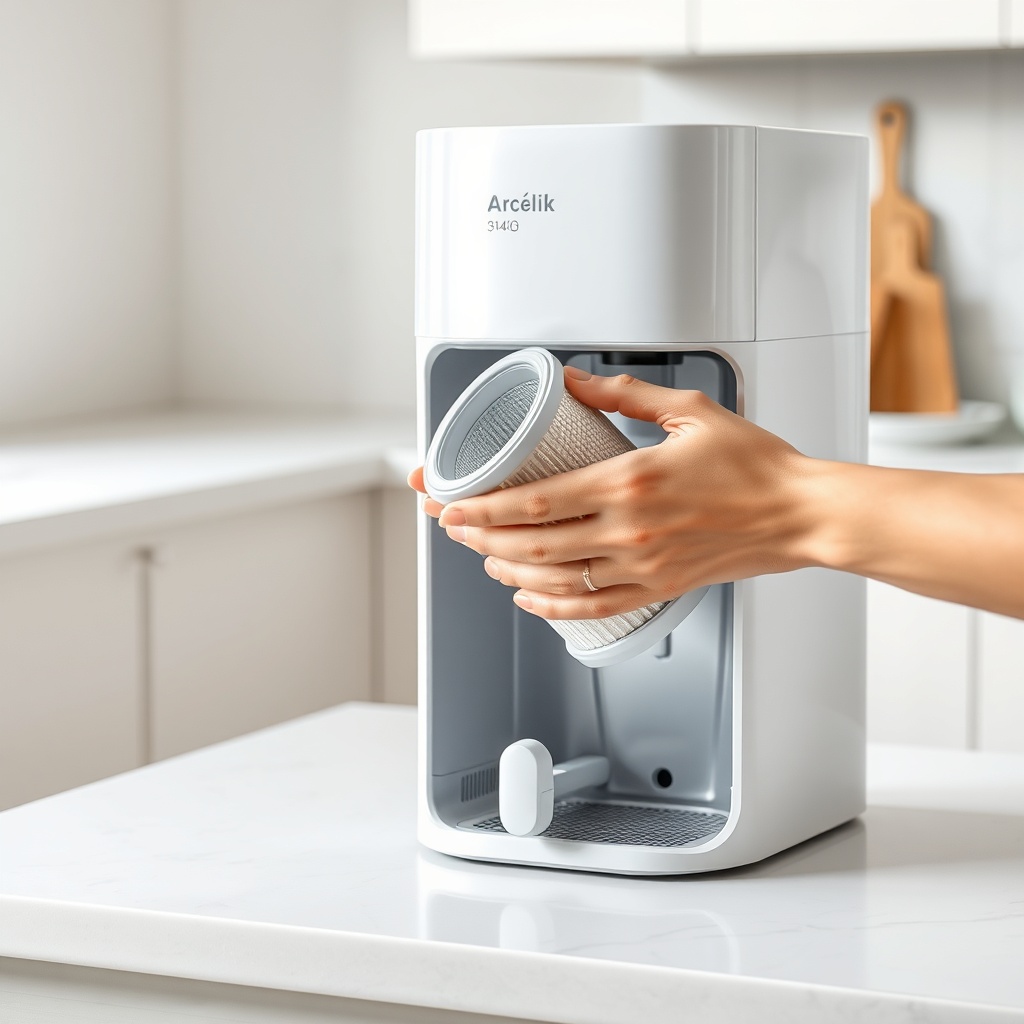 Photorealistic image of a person’s hands carefully inserting a new carbon filter into an A