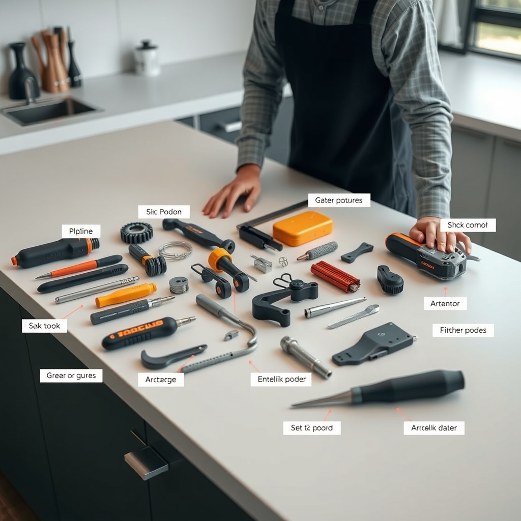 <A clean photorealistic photo showing a user laying out all the Arçelik 3140 S parts and t