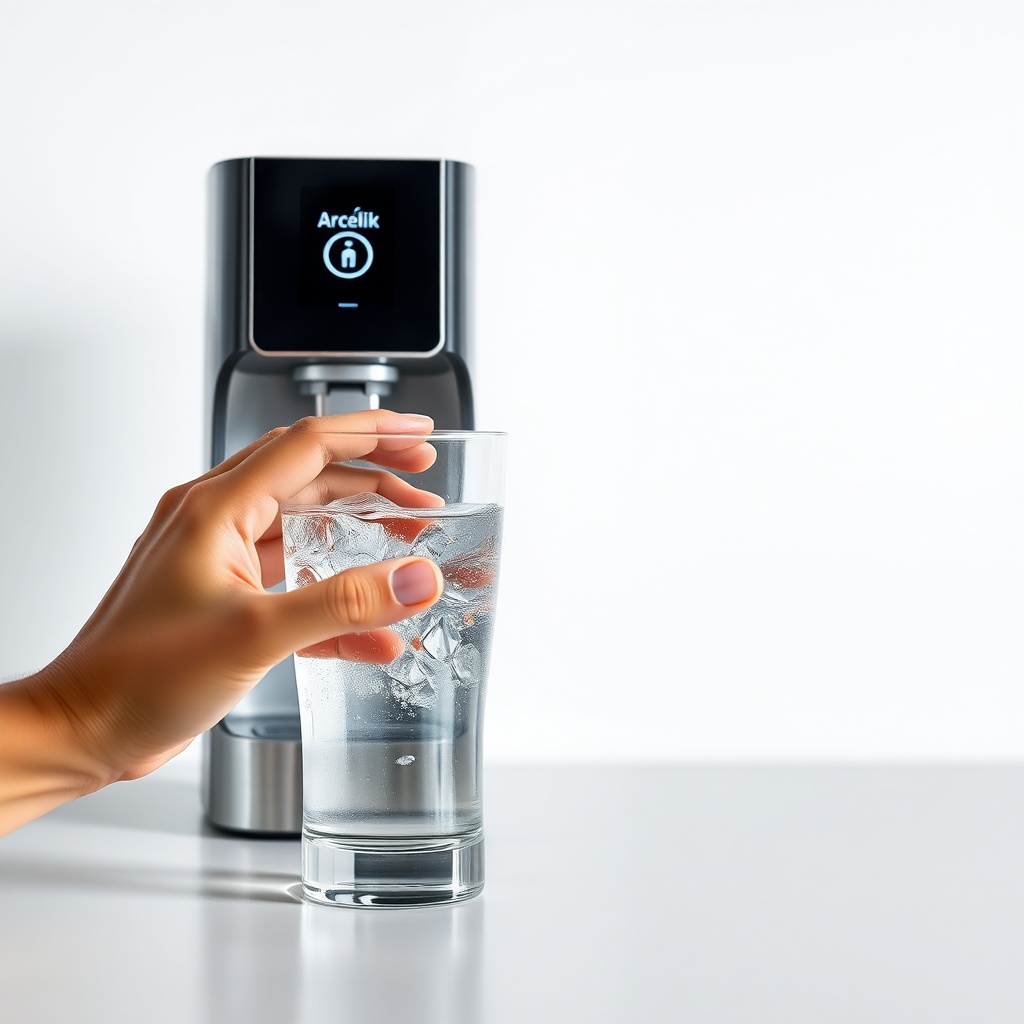 <A clean photorealistic photo showing a clear glass of water next to the Arçelik 3140 S