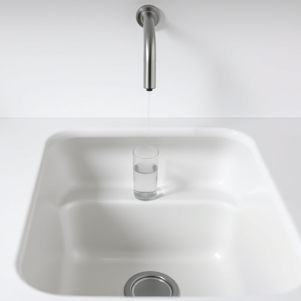 <A photorealistic photo of a clean white Arçelik 3140 S under-sink unit with a small strea