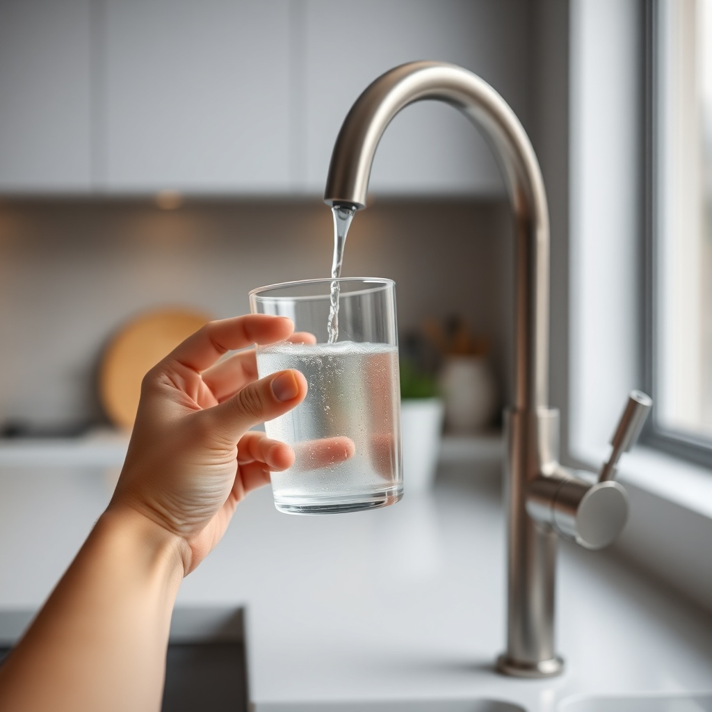 <A photorealistic close-up photo of a hand holding a glass of clear water from Arçelik 314
