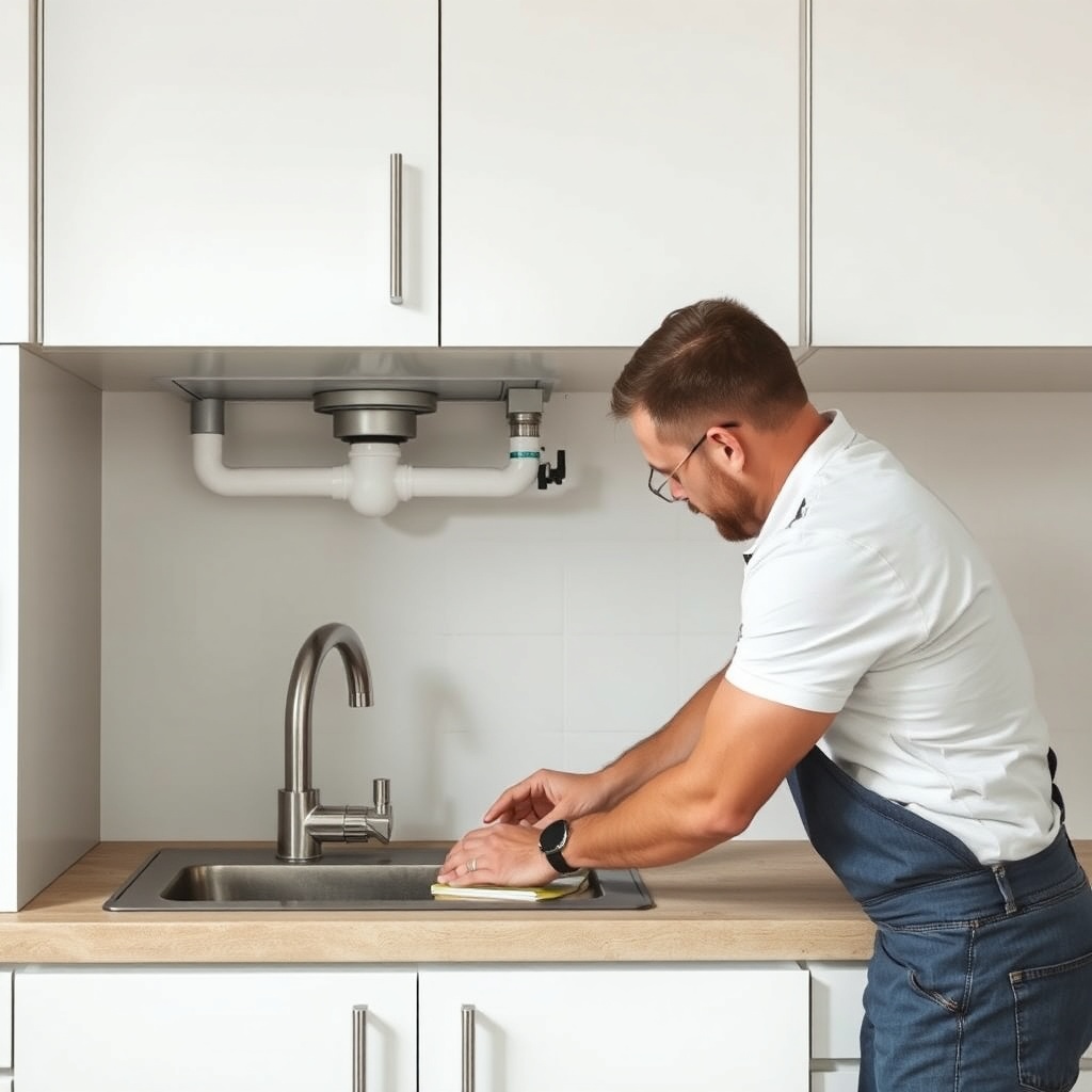 A realistic photo of a professional installer placing Arçelik 3140 S under a kitchen sink