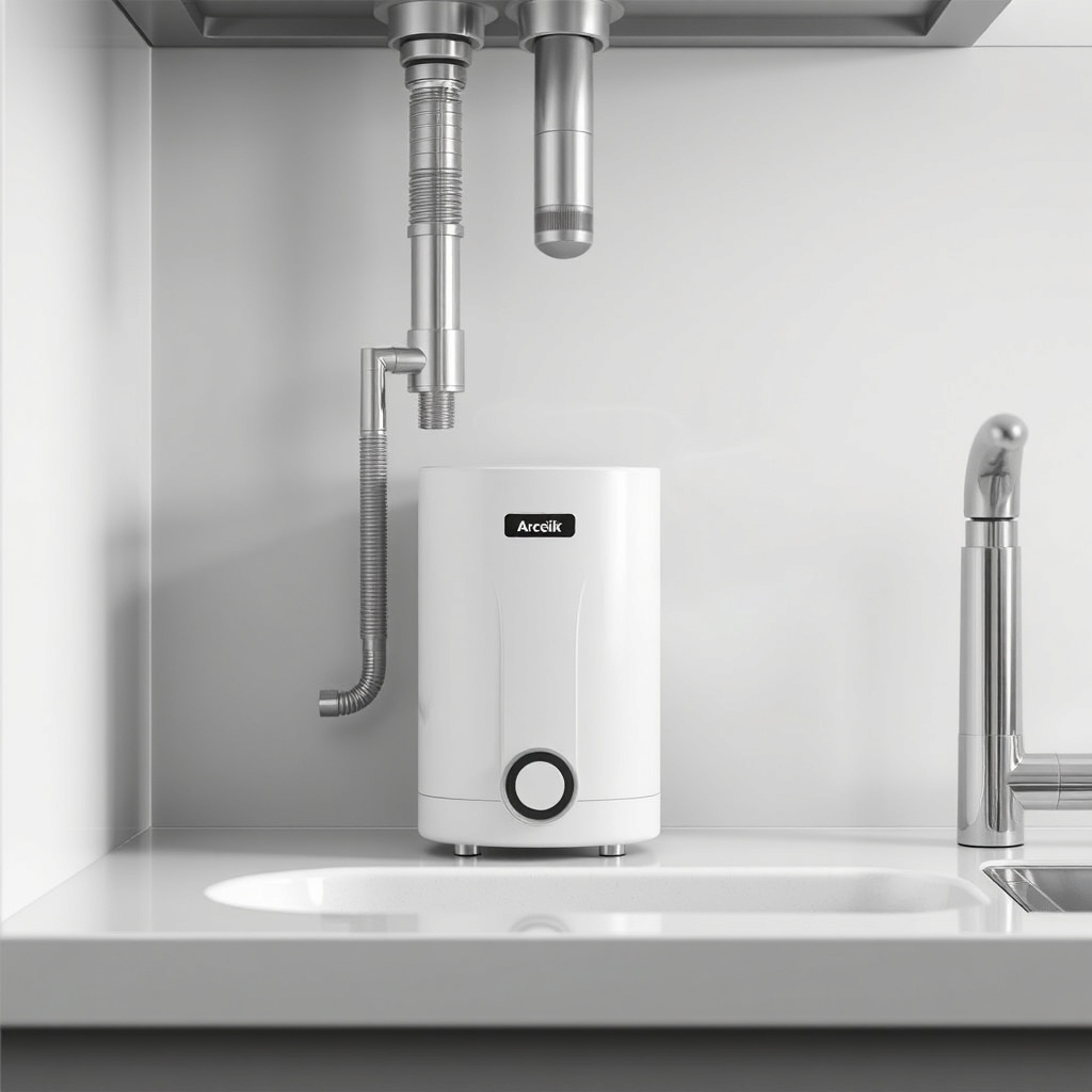 clean photorealistic photo of Arçelik 3140 S placed under a kitchen sink with stainless st