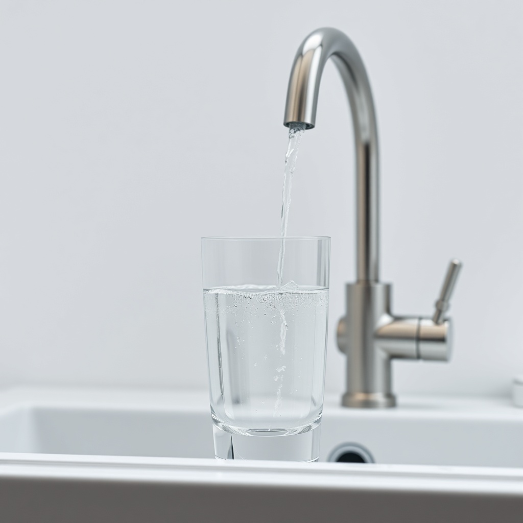 clean photorealistic photo of a glass of clear water next to a kitchen faucet