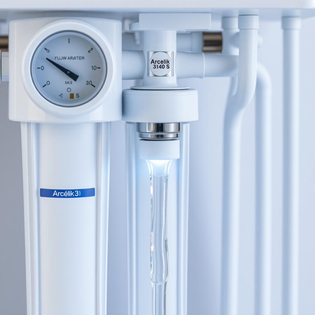 A photorealistic close-up of an Arçelik 3140 S water filter system showing the water flow