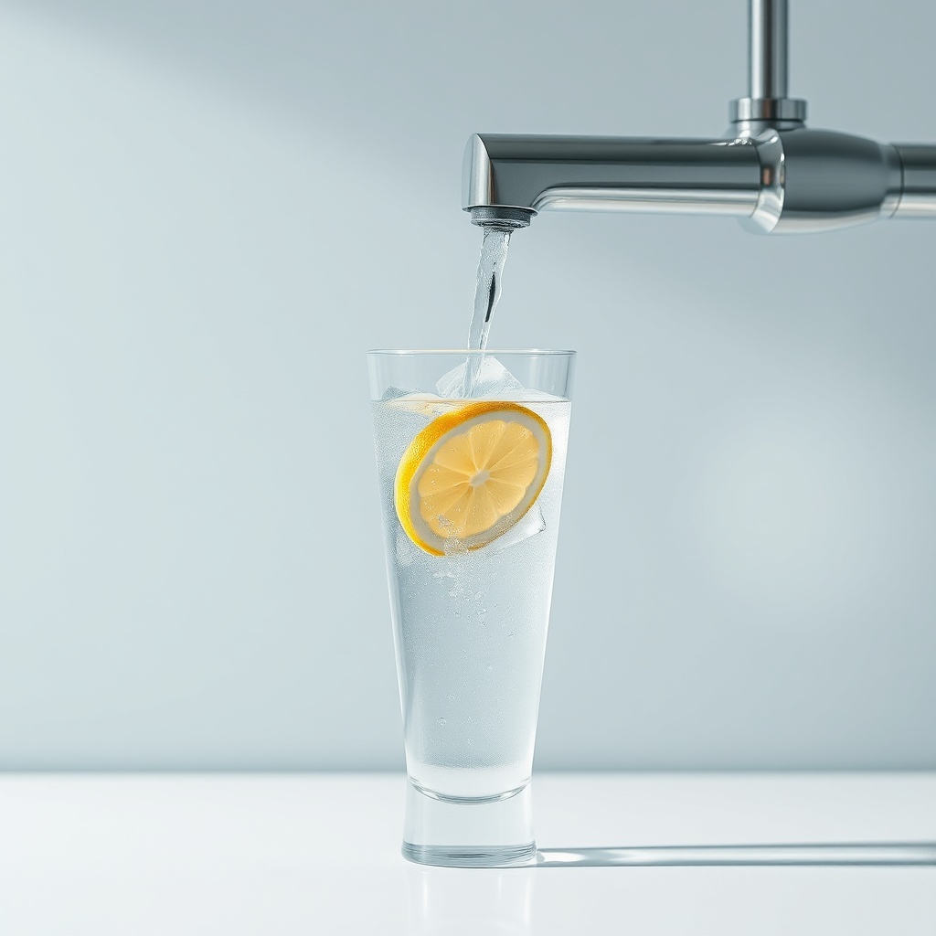 A clean photorealistic photo of a glass of cold water being poured from an Arçelik 3140 S