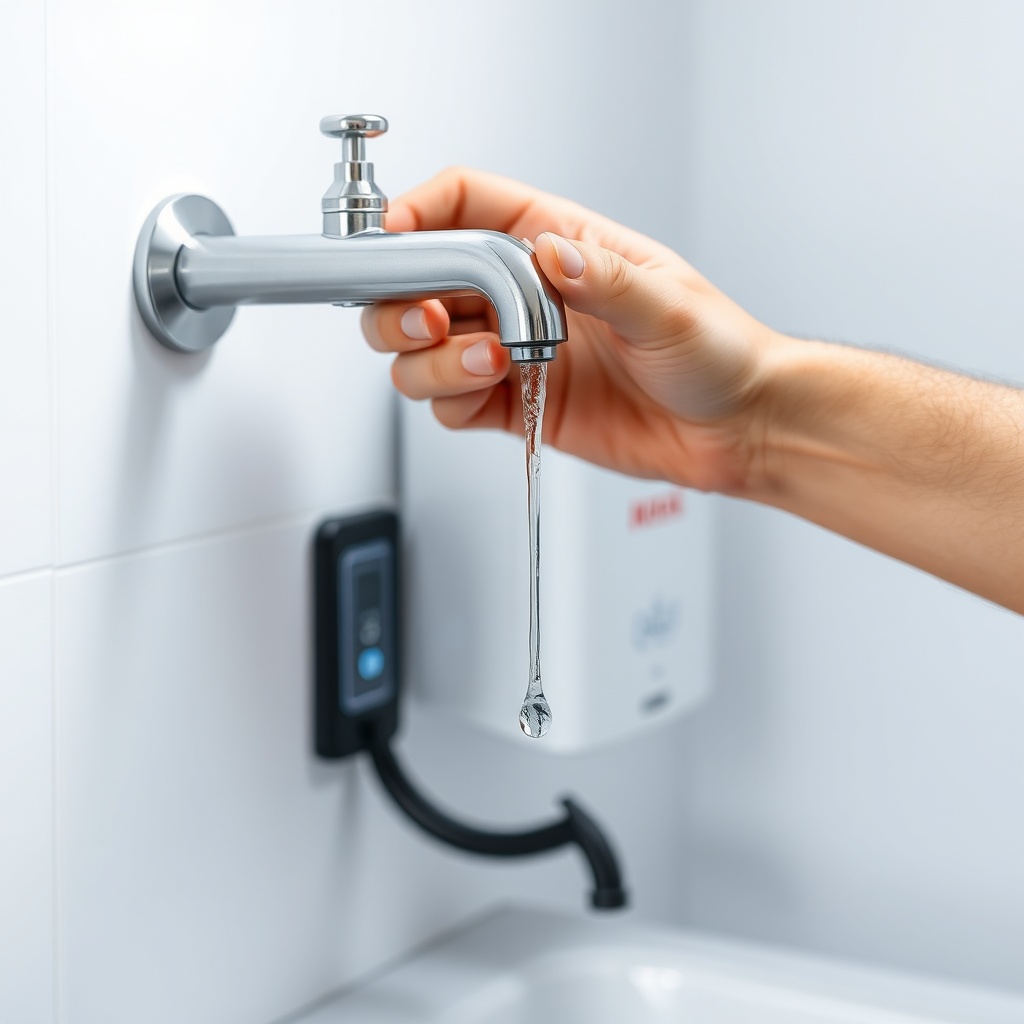 <clean photorealistic photo/illustration of a person checking the water flow from a faucet
