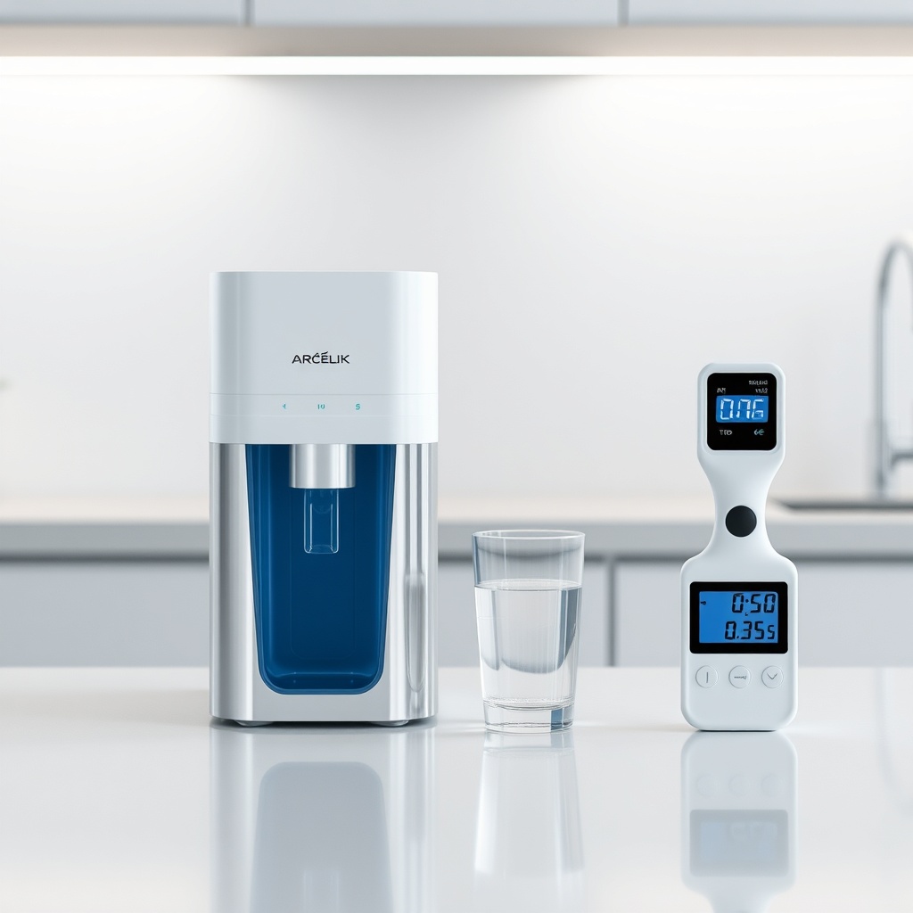 A photorealistic photo of a modern kitchen counter with a Arçelik 3140 S water purifier