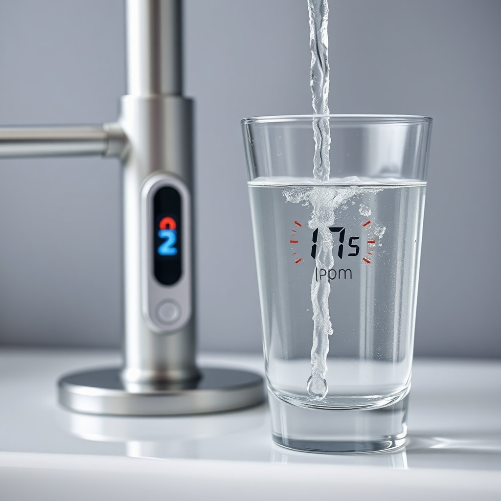 A photorealistic close-up of a transparent glass of water with a TDS meter reading 17 ppm