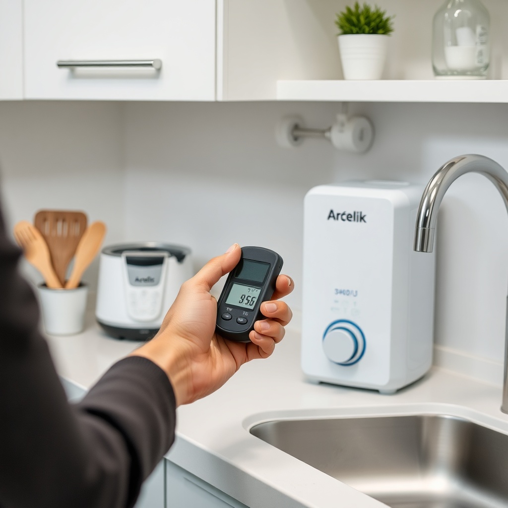 <clean photorealistic photo of a person measuring water pH with a digital meter near an Ar