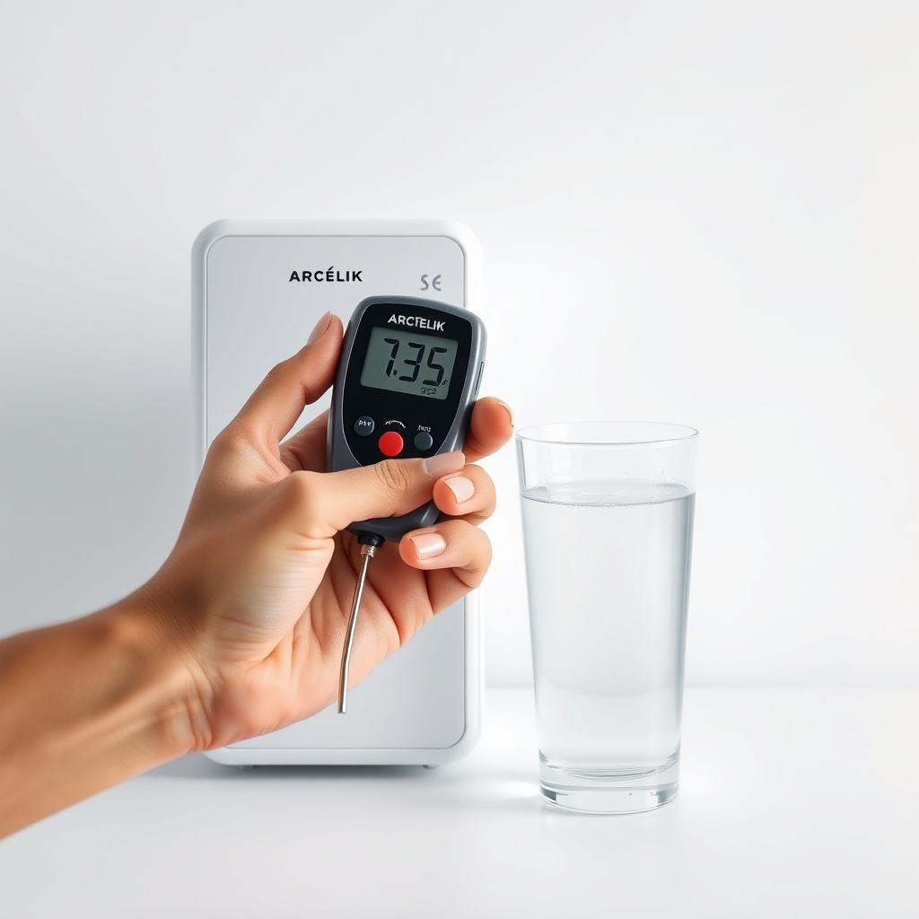 <clean photorealistic photo of a hand holding a TDS meter above a glass of water next to a