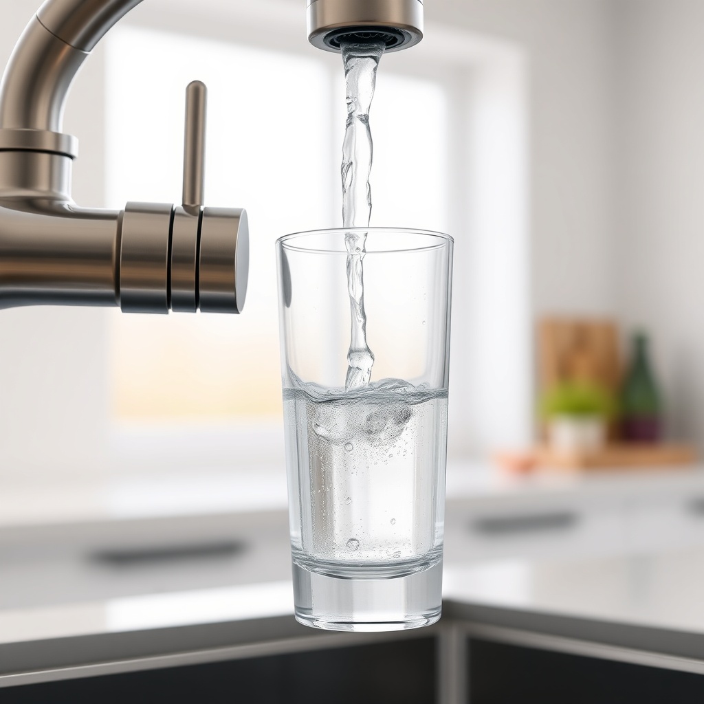 A photorealistic close-up of a glass of clear water being poured from an Arçelik 3140 S fa
