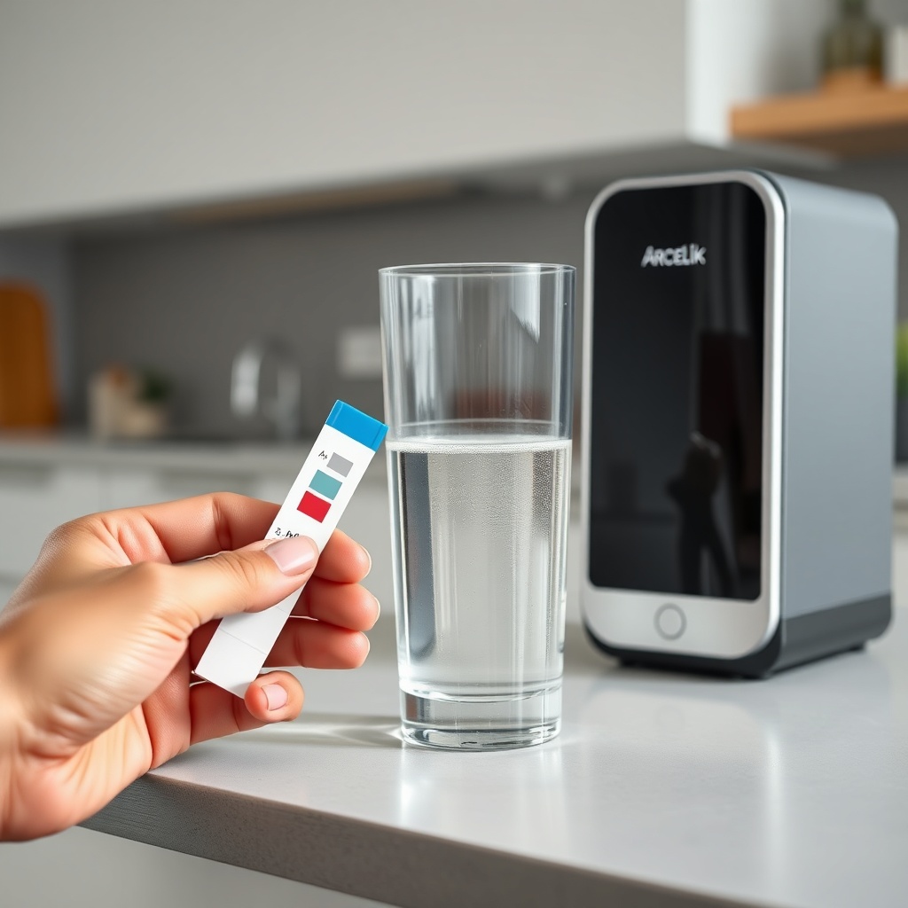 A photorealistic photo of a person holding a pH test strip next to a glass of water from a