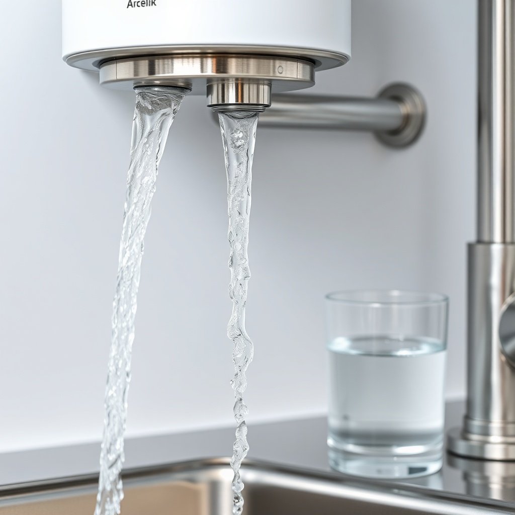 A photorealistic close-up shot of an Arçelik 3140 S water purifier installed under a kitch