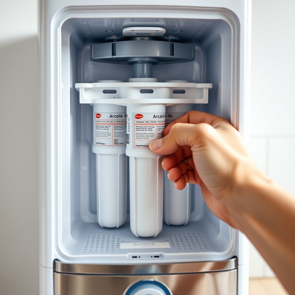 A photorealistic image showing the inside of an Arçelik 3140 S water purifier with visible