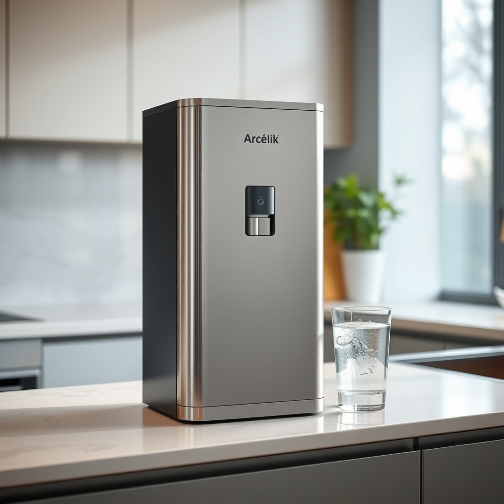 A photorealistic photo of a clean stainless steel Arçelik 3140 S water purifier on a moder