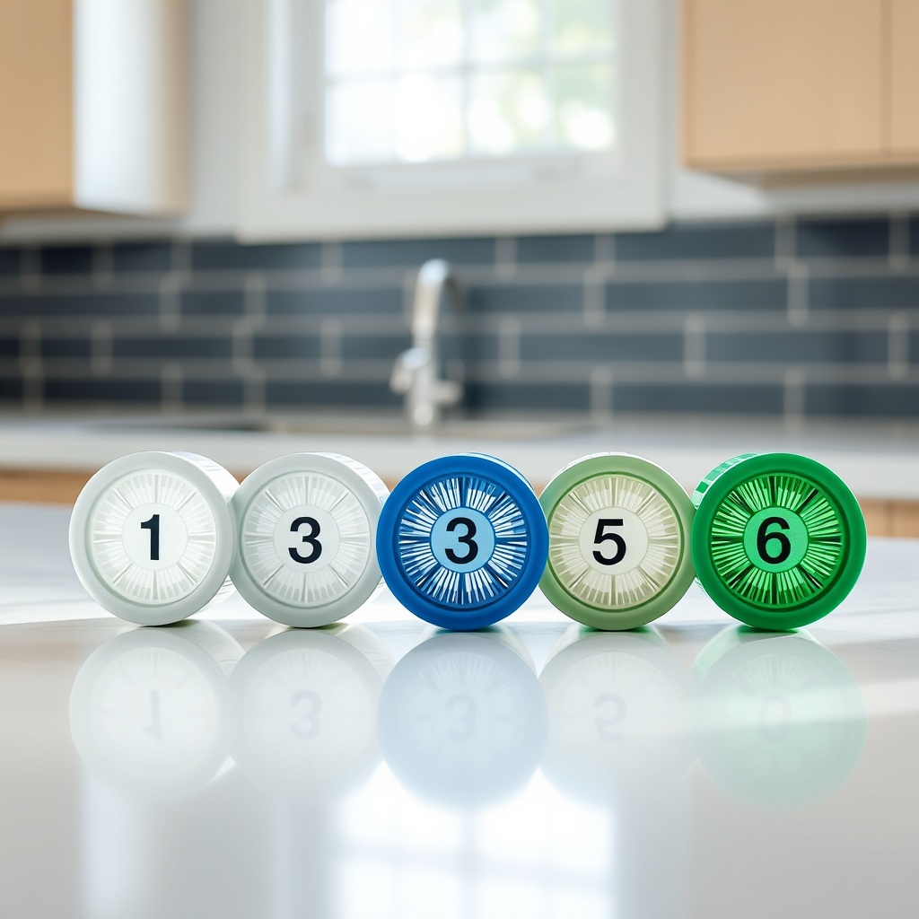 A close-up photorealistic photo of five round filter cartridges (white