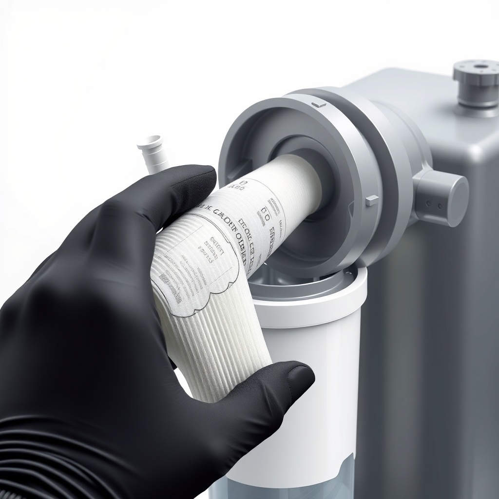 A clean photorealistic illustration showing a carbon filter cartridge being inserted into