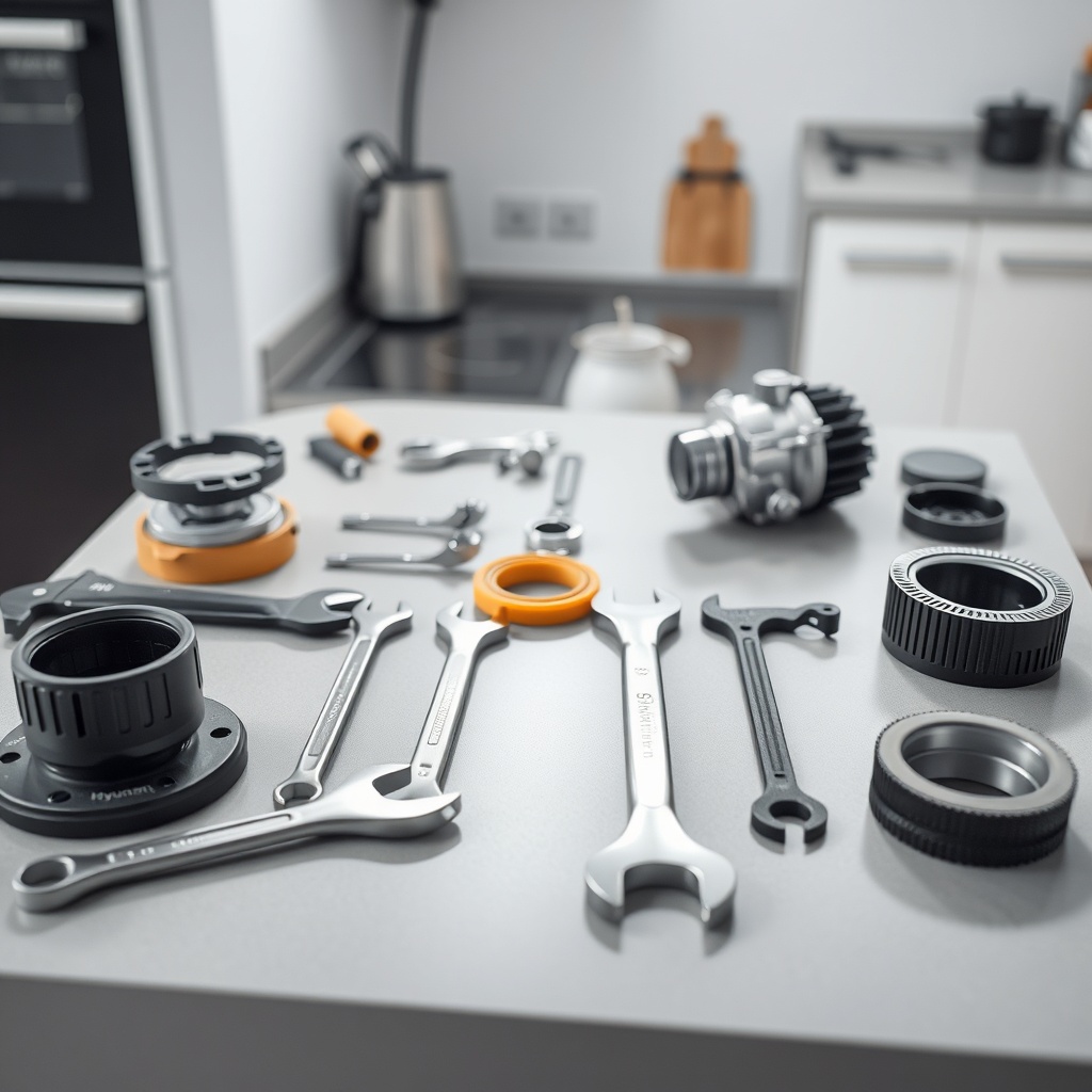 Clean photorealistic photo of Hyundai H-SRA09 parts laid out on a kitchen counter