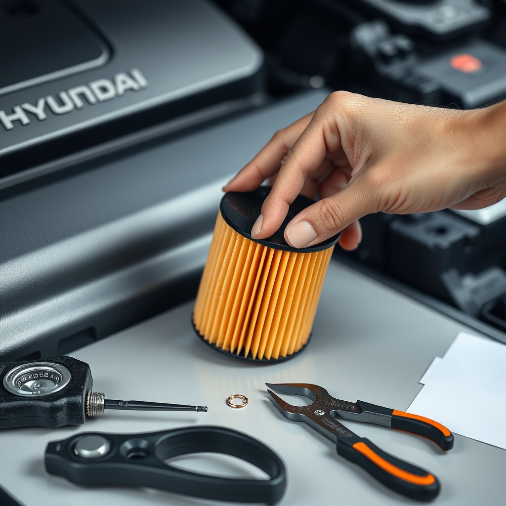 Clean photorealistic photo of a hand changing a filter cartridge in Hyundai H-SRA09