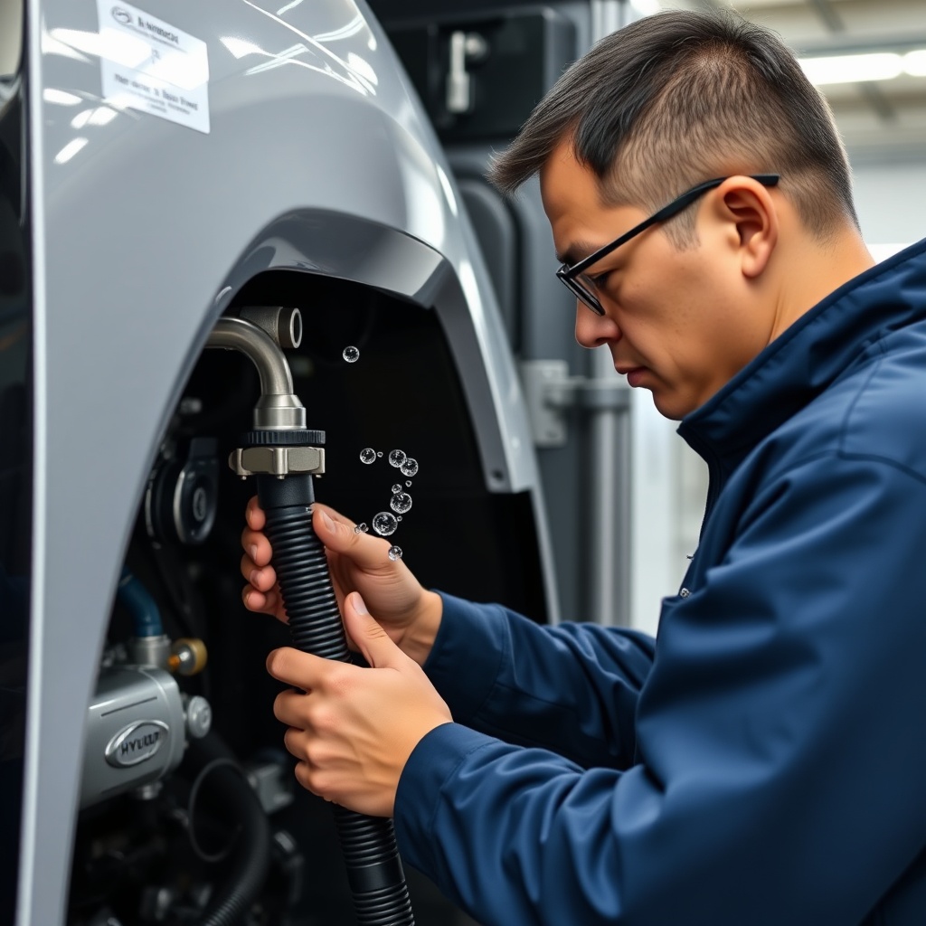 <clean photorealistic photo of a user checking Hyundai H-SRA09's water hoses for air bubbl