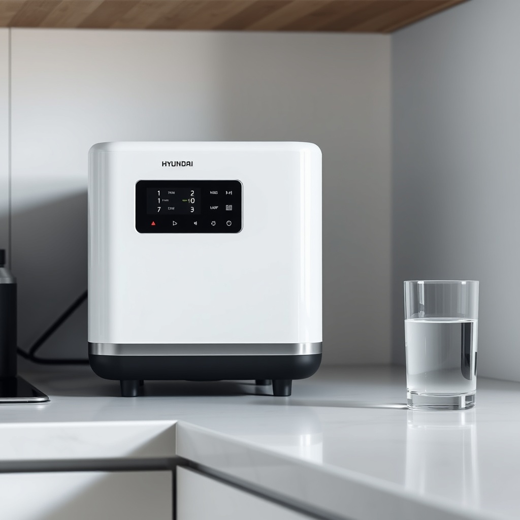 <clean photorealistic photo of a Hyundai H-SRA09 unit on a kitchen counter