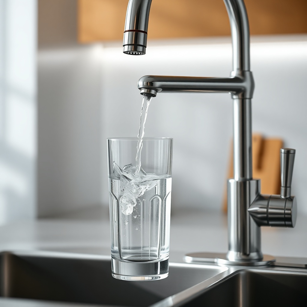 <clean photorealistic photo of a glass of water being filled from Hyundai H-SRA09 faucet
